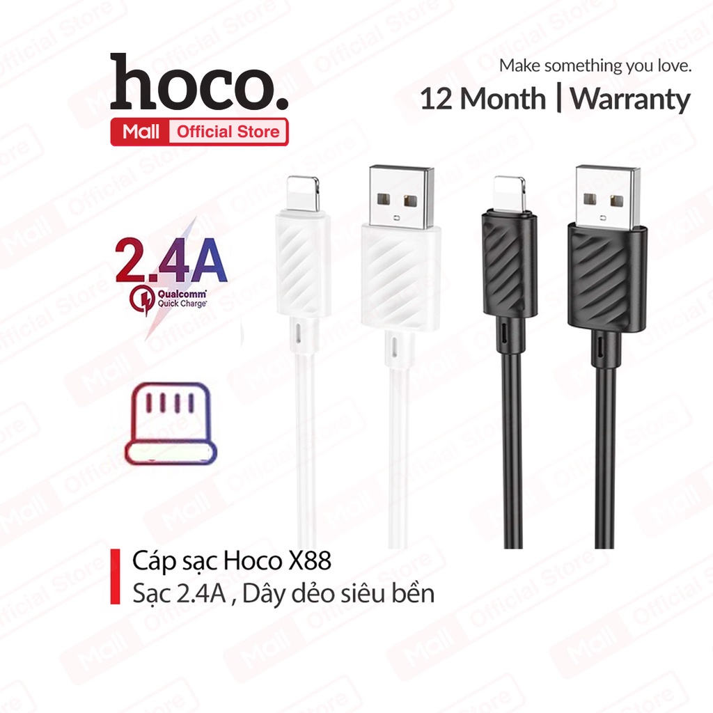 Cáp sạc Hoco X88 Lightning sạc nhanh 2.4A dây dẻo siêu bền cho iP 11/12 ...