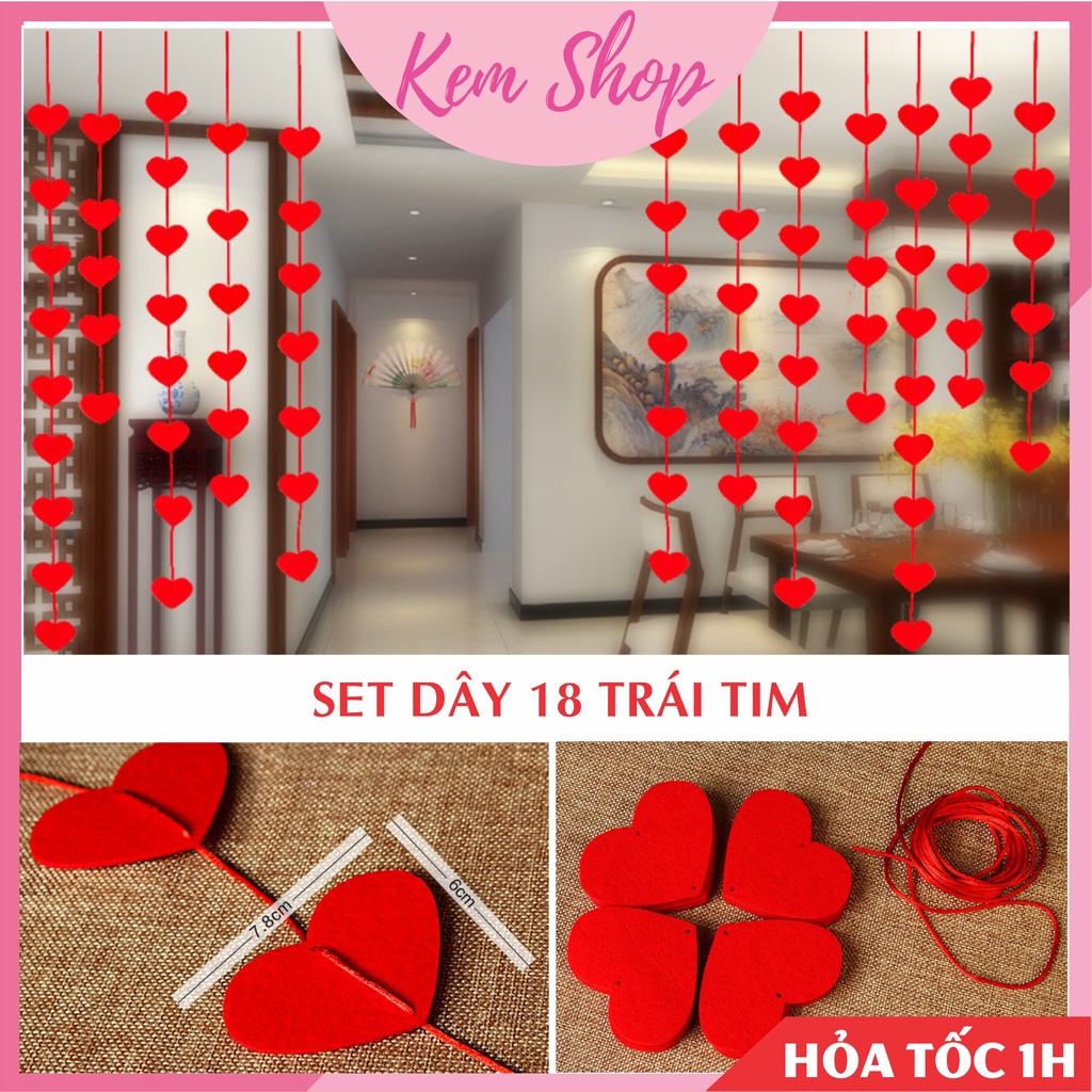 Dây 15 trái tim nỉ đỏ 5cm dùng trang trí rèm cửa, buộc dây bóng bay trang trí đám cưới - Kem Shop K339
