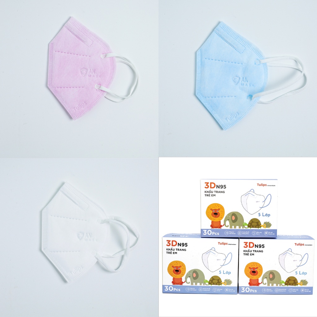 Hộp 30 cái khẩu trang 3D N95 Kids không van Tulips cho bé 1-6 tuổi