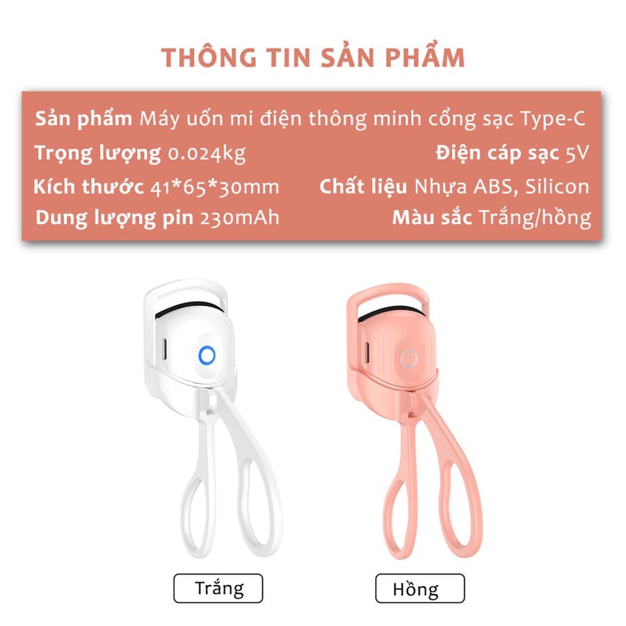 Máy Uốn Mi Điện, Kẹp Mi Nhiệt Thông Minh Làm Cong Nhanh Kèm Sạc USB
