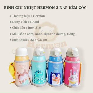 Bình nước giữ nhiệt Hermon Inox 2 nắp 600ml kèm cốc