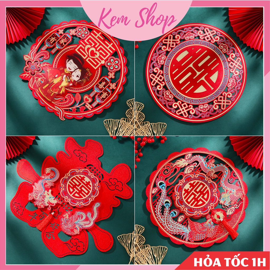 Chữ hỷ đám cưới long phượng ánh nhũ cao cấp trang trí đám cưới, phòng cưới - Kem Shop K288
