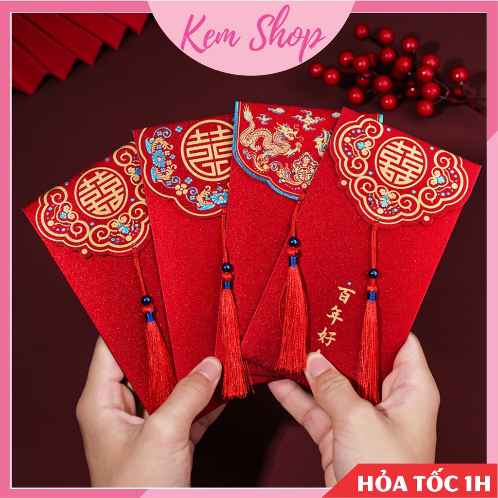 Set 5 bao lì xì đỏ may mắn kèm tua rua giấy nhũ cao cấp, lì xì ăn hỏi - Kem Shop K298