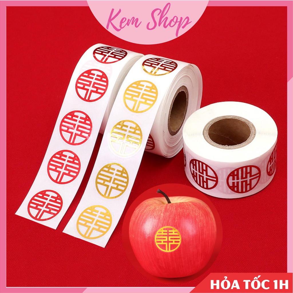 Cuộn 500 decal chữ hỷ dán trái cây, trầu cau, bánh kẹo trang trí ăn hỏi dạm ngõ đám cưới - Kem Shop K320