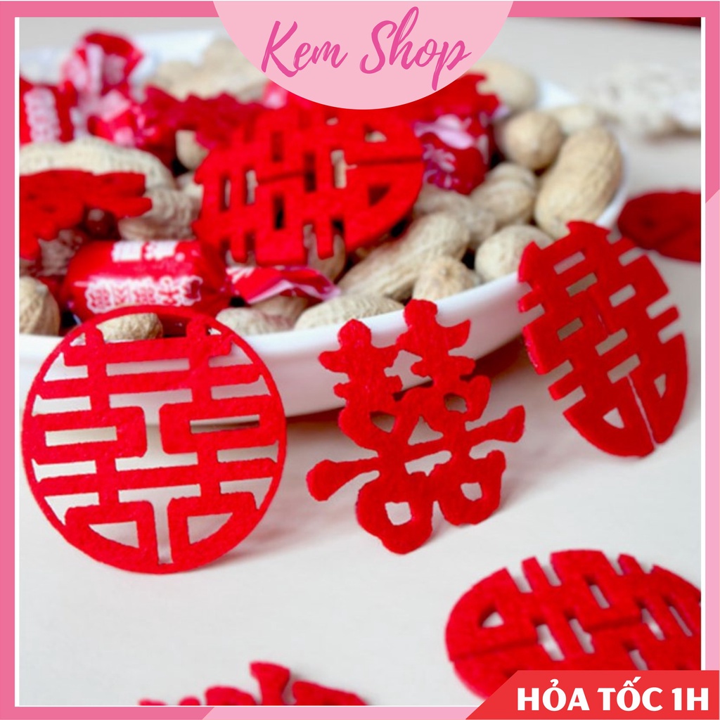 Set chữ hỷ đám cưới vải nỉ size nhỏ 5-10cm trang trí đĩa bánh kẹo cưới, rắc giường cưới - Kem Shop K248