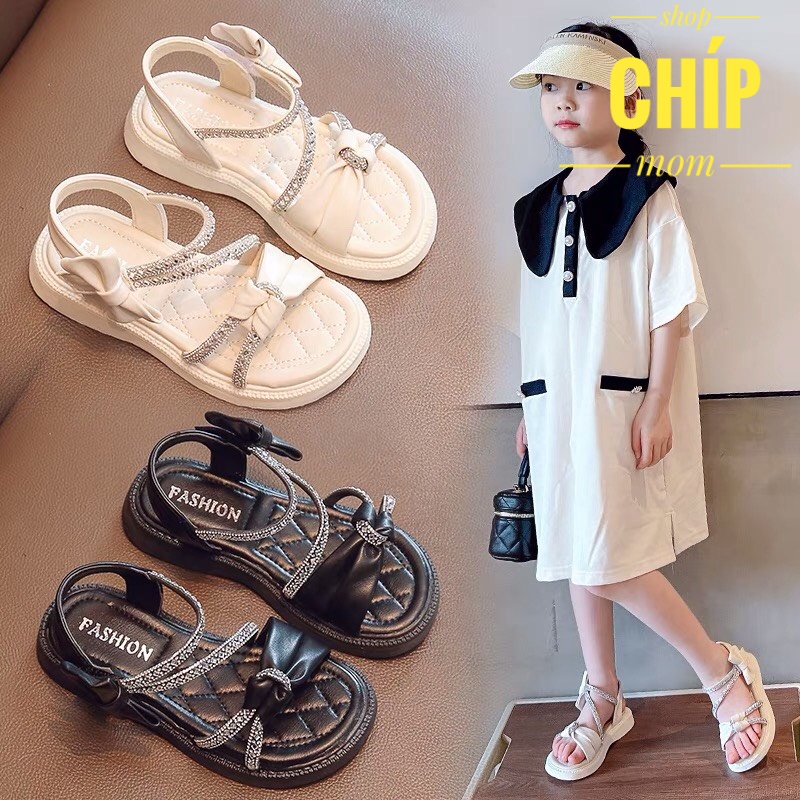 sandal bé gái dép quai hậu cho bé đính đá nơ thắt xinh xắn điệu đế chống trượt QCCC full hộp 895 ( có ảnh thật )