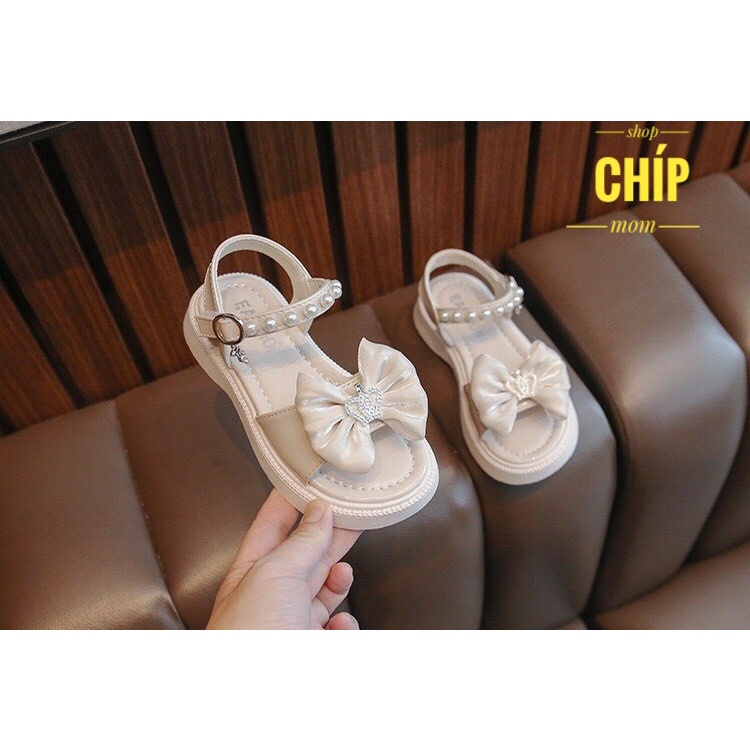 sandal bé gái dép quai hậu cho bé siêu nhẹ nơ lụa đính ngọc da bóng dế lau QCCC full box G82 ( ảnh thật )
