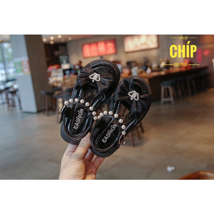 sandal bé gái dép quai hậu cho bé siêu nhẹ nơ lụa đính ngọc da bóng dế lau QCCC full box G82 ( ảnh thật )