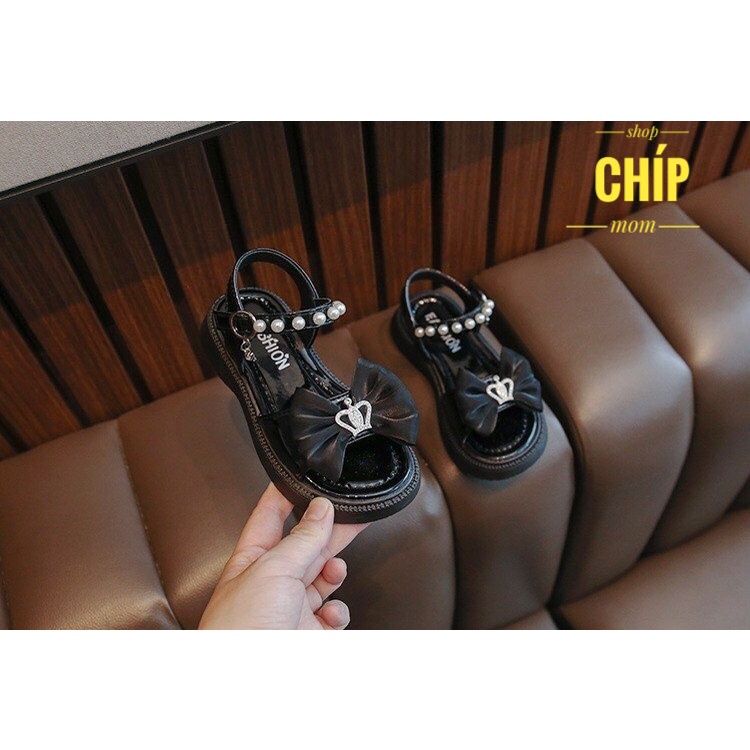 sandal bé gái dép quai hậu cho bé siêu nhẹ nơ lụa đính ngọc da bóng dế lau QCCC full box G82 ( ảnh thật )