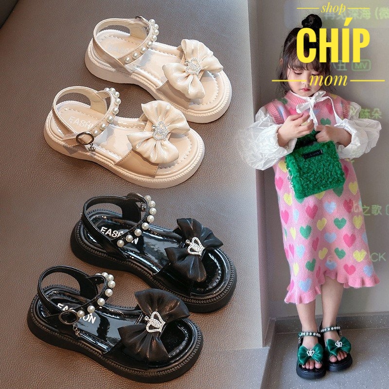 sandal bé gái dép quai hậu cho bé siêu nhẹ nơ lụa đính ngọc da bóng dế lau QCCC full box G82 ( ảnh thật )