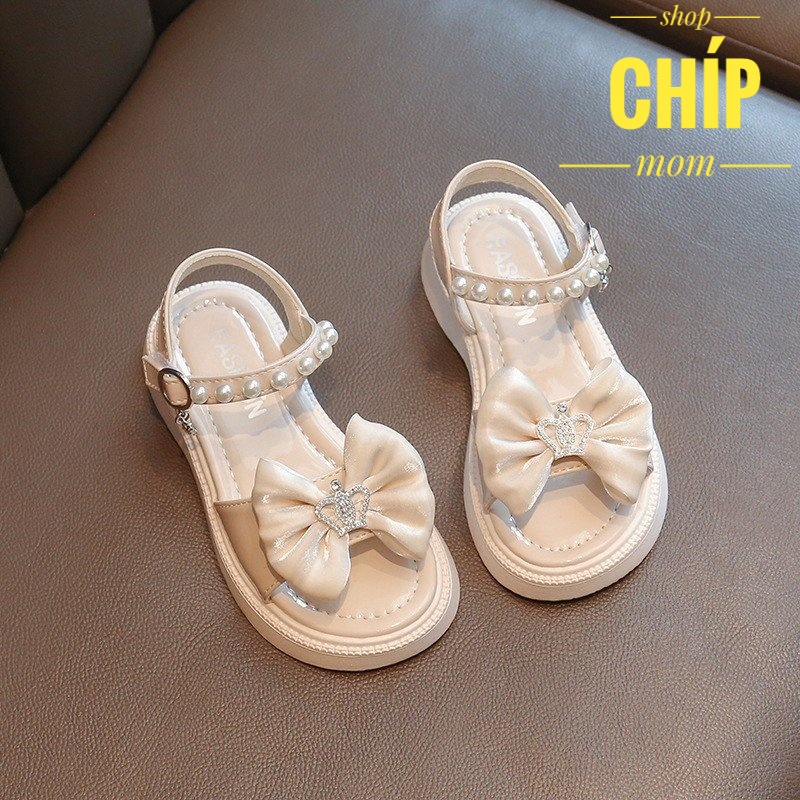 sandal bé gái dép quai hậu cho bé siêu nhẹ nơ lụa đính ngọc da bóng dế lau QCCC full box G82 ( ảnh thật )