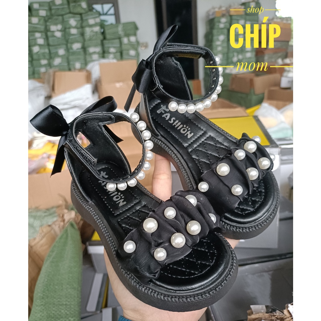 sandal bé gái dép quai hậu nhín ren đính ngọc cho bé đi tiệc công chúa siêu điệu nơ sau xinh xắn 115 ( ảnh thật )
