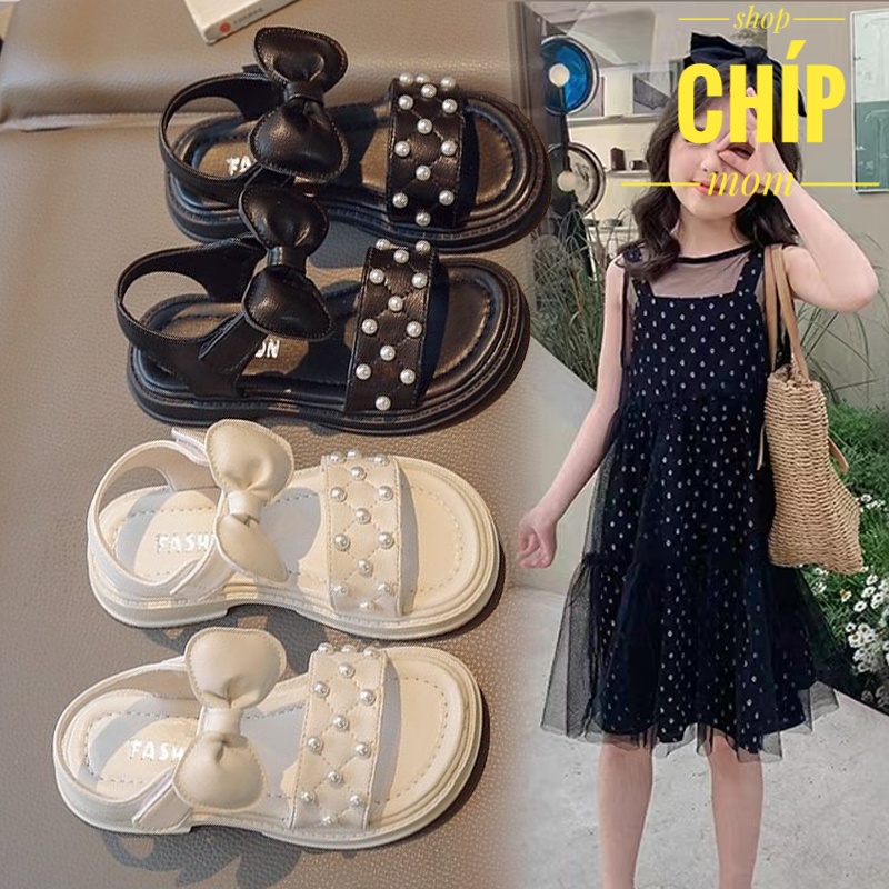 sandal bé gái dép quai hậu cho bé đính ngọc nơ gắn da PU êm chân QCCC full box cho bé từ 3 đến 15 tuổi 691 ( có ảnh thật