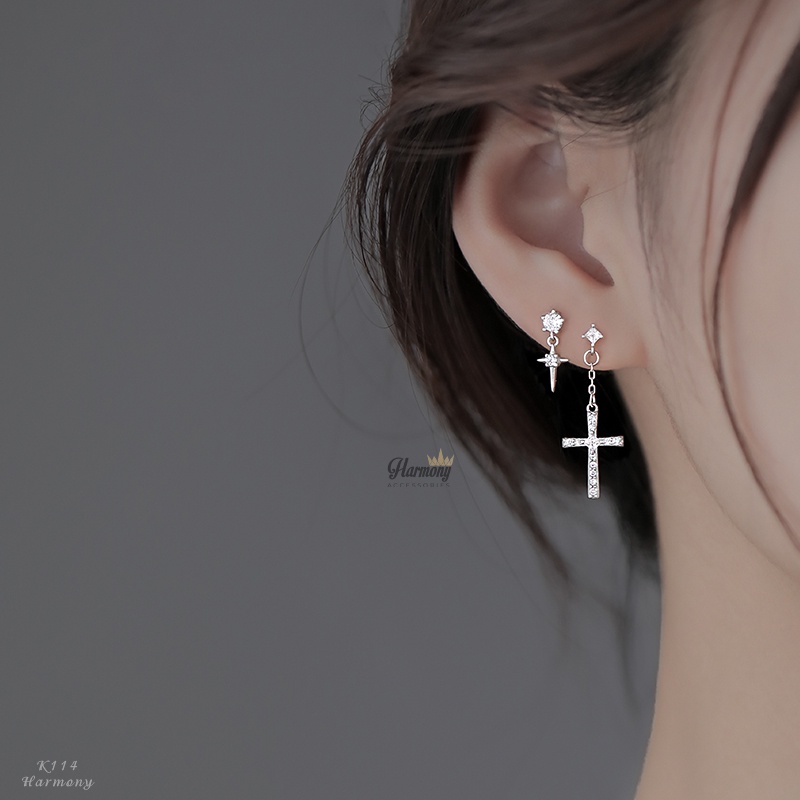 Khuyên tai nam nữ bạc 925 hình chữ thập thánh giá mắt xích unisex dáng dài cá tính (1 chiếc) K114 | GEMY SILVER