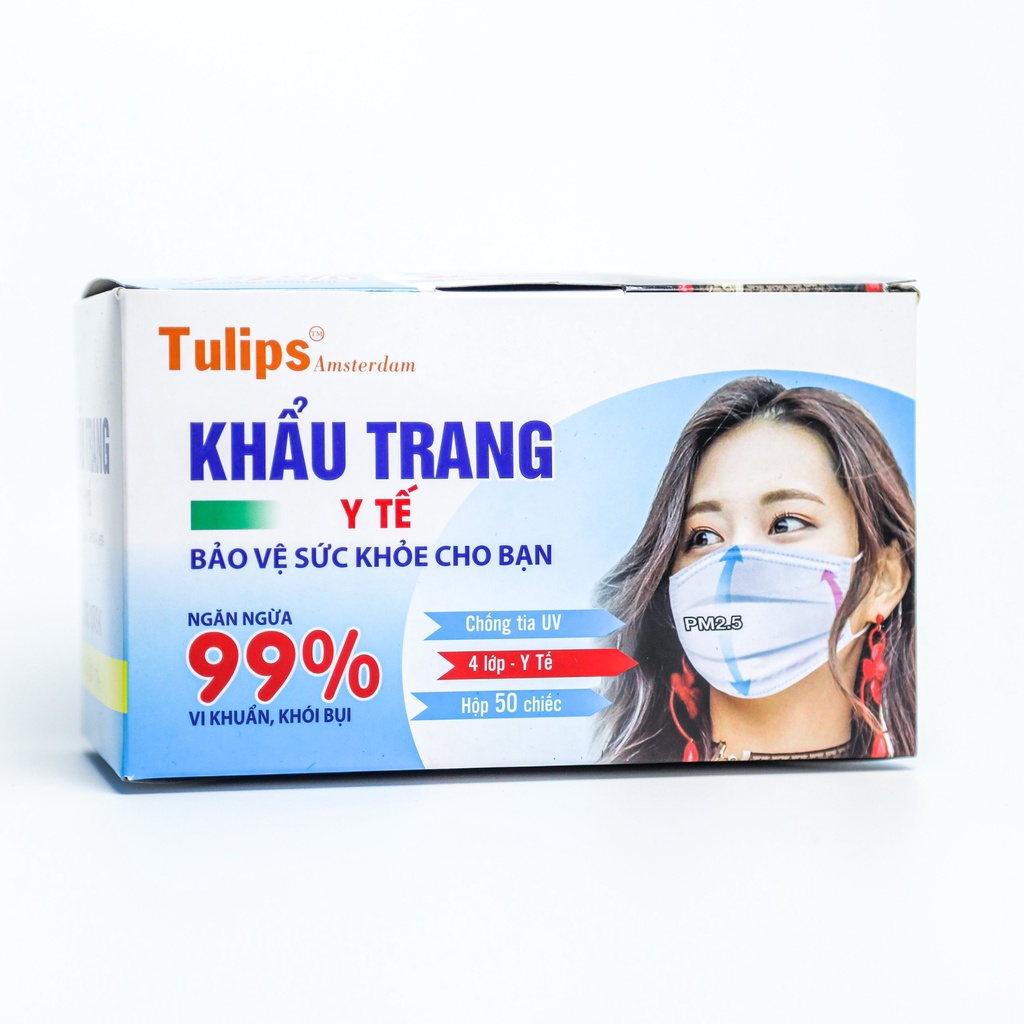 Hộp 50 chiếc khẩu trang y tế 4 Lớp Tulips giúp chống nắng ,chống bụi , chống tia UV ,kháng khuẩn
