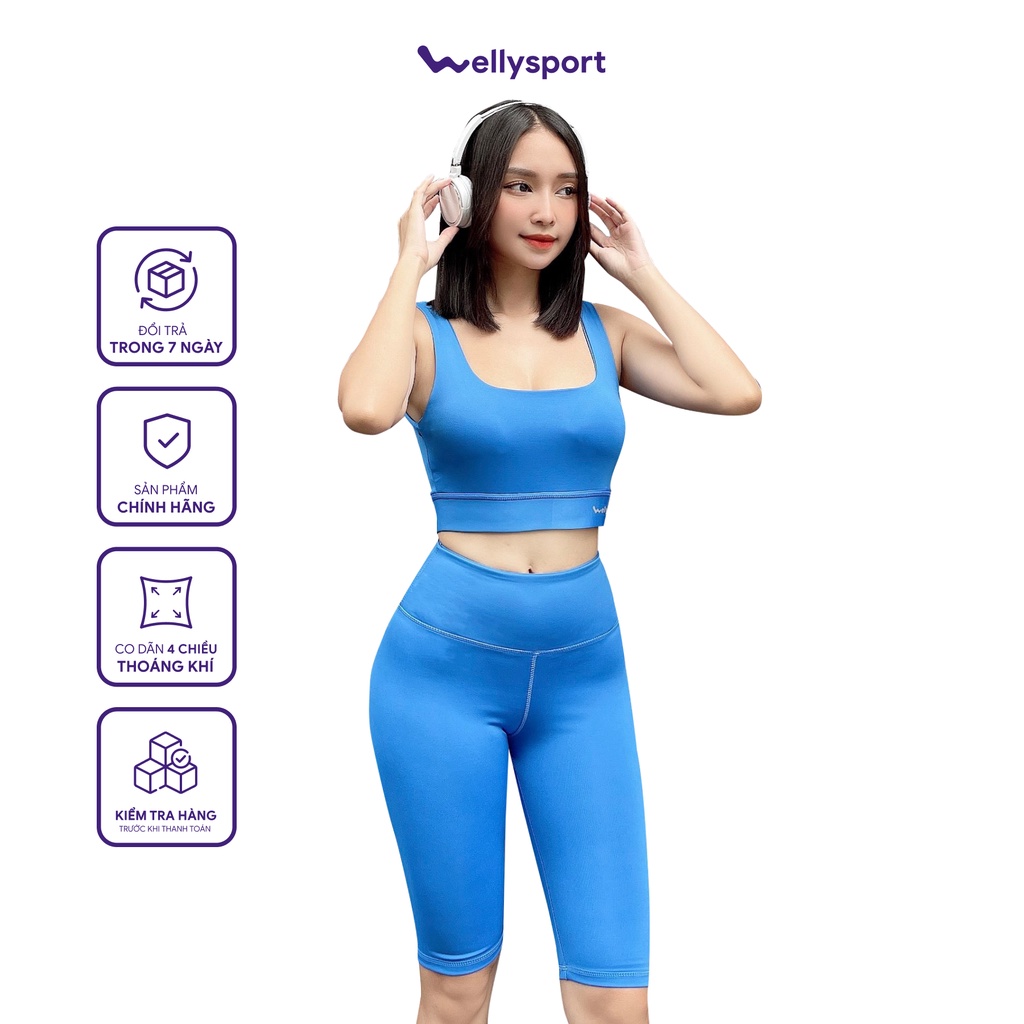 Set Đồ Tập Yoga Nữ, Welly Sport, Áo Bra Thể Thao 2 Dây, Quần Legging Đùi Lưng Cao, Màu Xanh Dương, Mã DLC