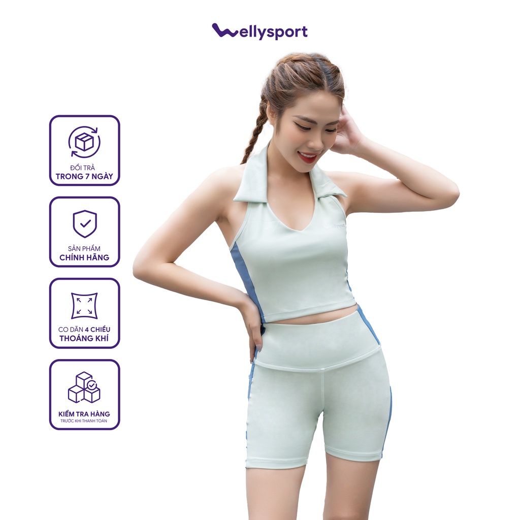 Bộ đồ tập yoga Nữ, Gym Welly Sport, áo bra cổ yếm bẻ hở lưng, màu xanh bơ, Mã SDC02