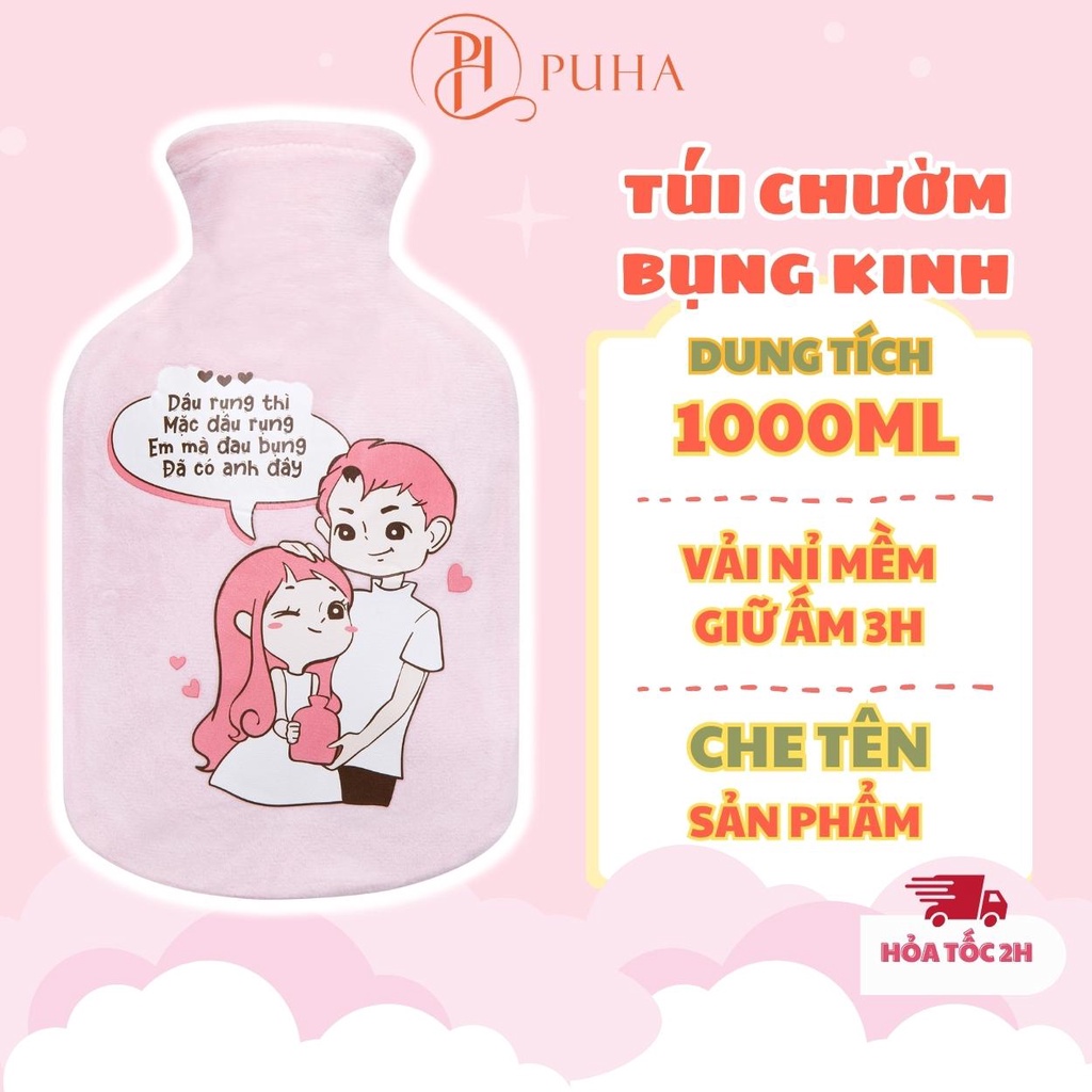 Ảnh Túi chườm nóng lạnh PH PUHA 1000ml giữ nhiệt 3h, hoạ tiết in nổi, hỗ trợ giảm đau bụng kinh cho nữ 1