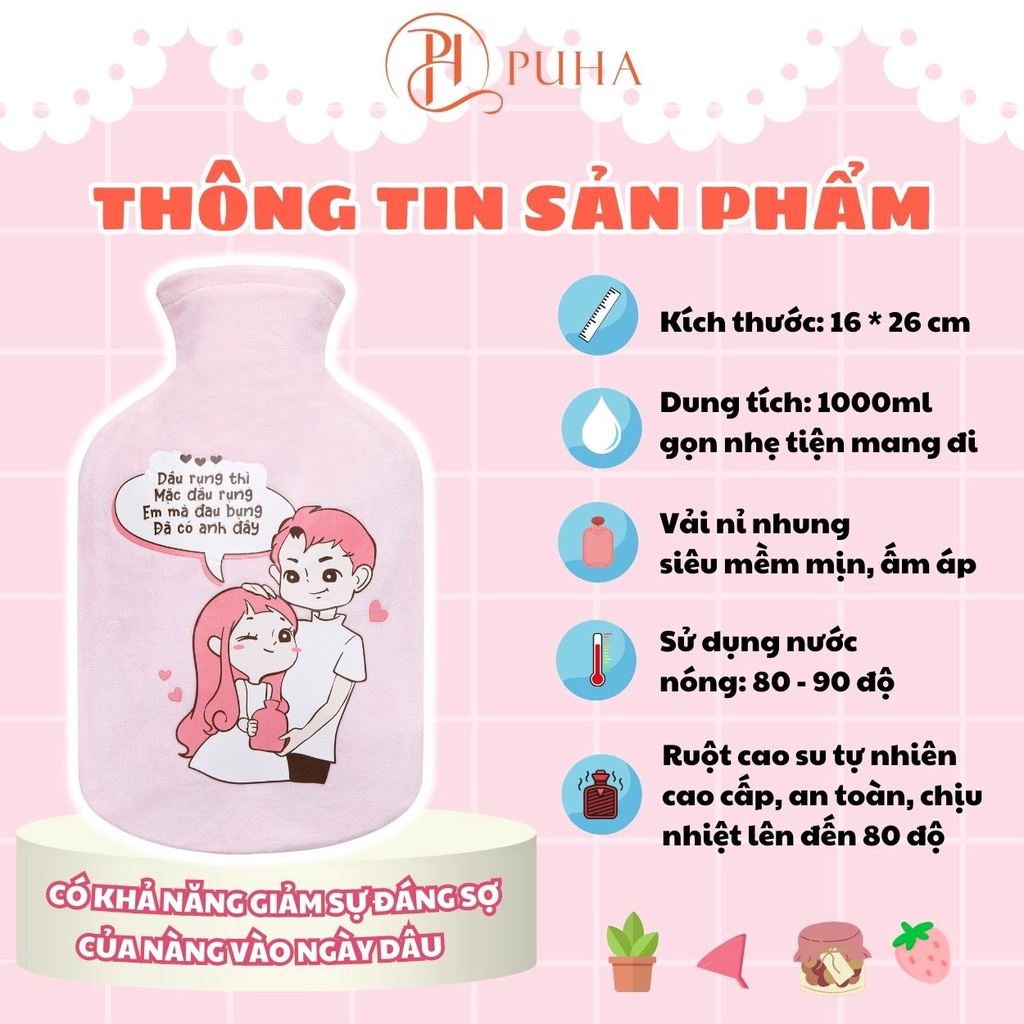 Ảnh Túi chườm nóng lạnh PH PUHA 1000ml giữ nhiệt 3h, hoạ tiết in nổi, hỗ trợ giảm đau bụng kinh cho nữ 2