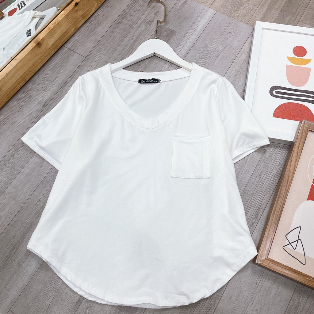 Áo Thun Nữ Bigsize Cổ Tim Tay Ngắn,Áo Phông Có Túi Tôn Dáng Chất Vải Cotton Lạnh 58-95kg A51