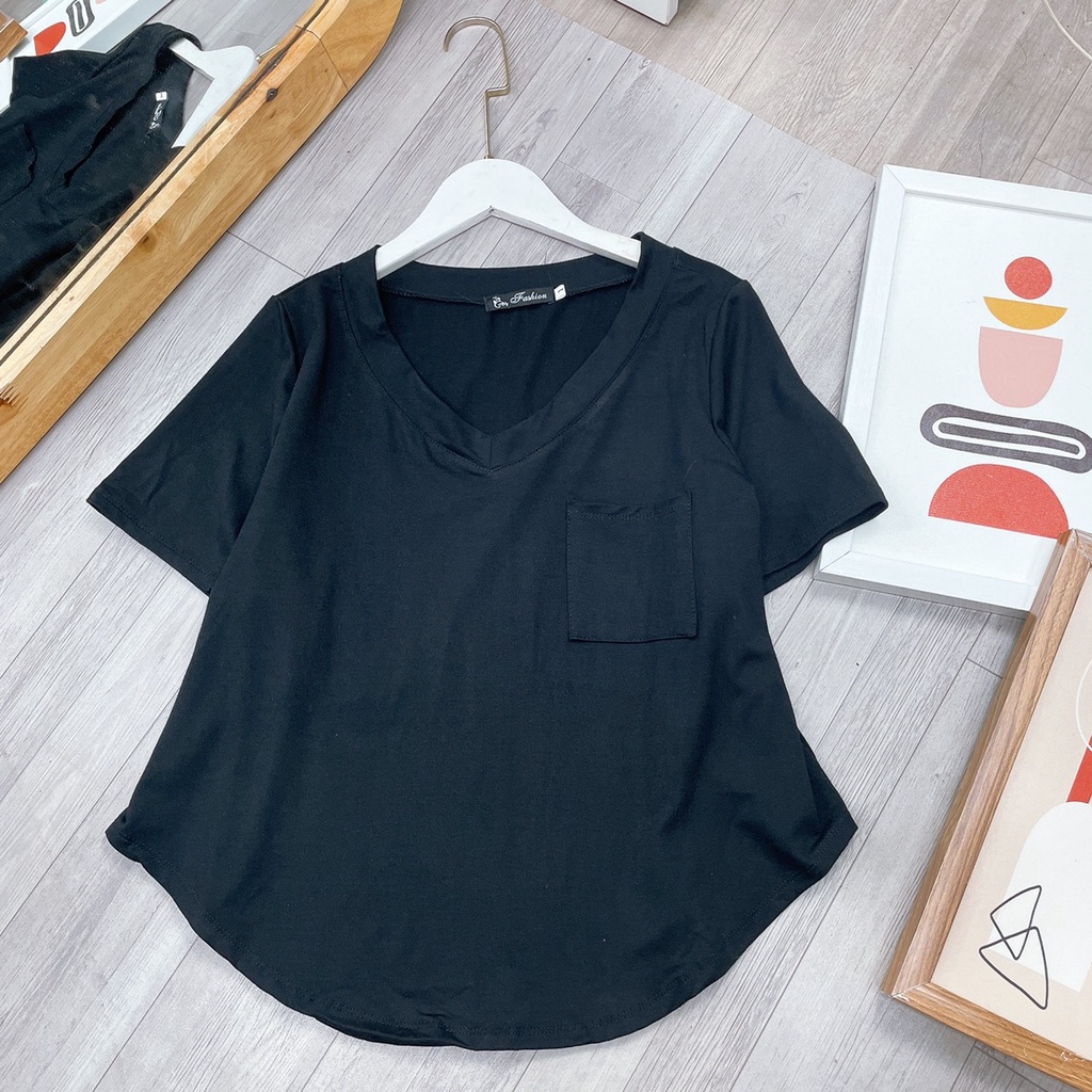 Áo Thun Nữ Bigsize Cổ Tim Tay Ngắn,Áo Phông Có Túi Tôn Dáng Chất Vải Cotton Lạnh 58-95kg A51