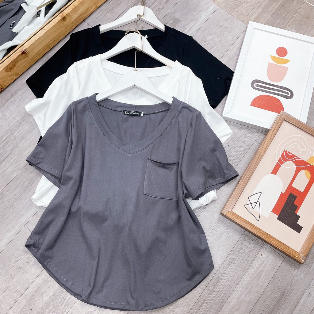Áo Thun Nữ Bigsize Cổ Tim Tay Ngắn,Áo Phông Có Túi Tôn Dáng Chất Vải Cotton Lạnh 58-95kg A51