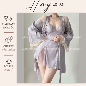 HT445 Set váy ngủ và áo choàng sexy phối ren sang chảnh kèm ĐỆM LÓT, đồ ngủ lụa quyến rũ HT445 (39+221)