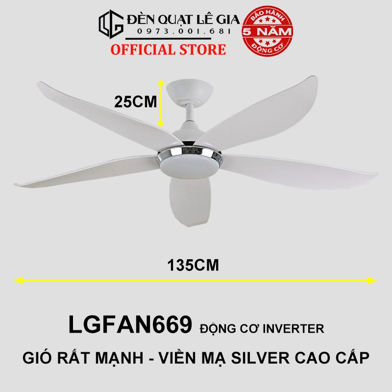 Quạt Trần Đèn Gió Mạnh LÊ GIA LGFAN669 - Chiều Cao 25cm - Sải Cánh 135cm - Bảo Hành 5 Năm