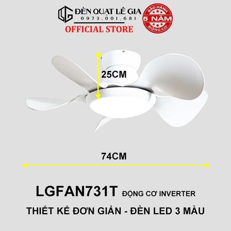 Ảnh Quạt Trần Mini Gió Mạnh LÊ GIA LGFAN731T - Chiều Cao 25cm - Sải Cánh 74cm - Bảo Hành 5 Năm 1
