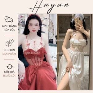 HT239 Váy ngủ sexy phối ren tiểu thư có GỌNG kèm ĐỆM LÓT, đồ ngủ lụa dáng dài sang chảnh HT239