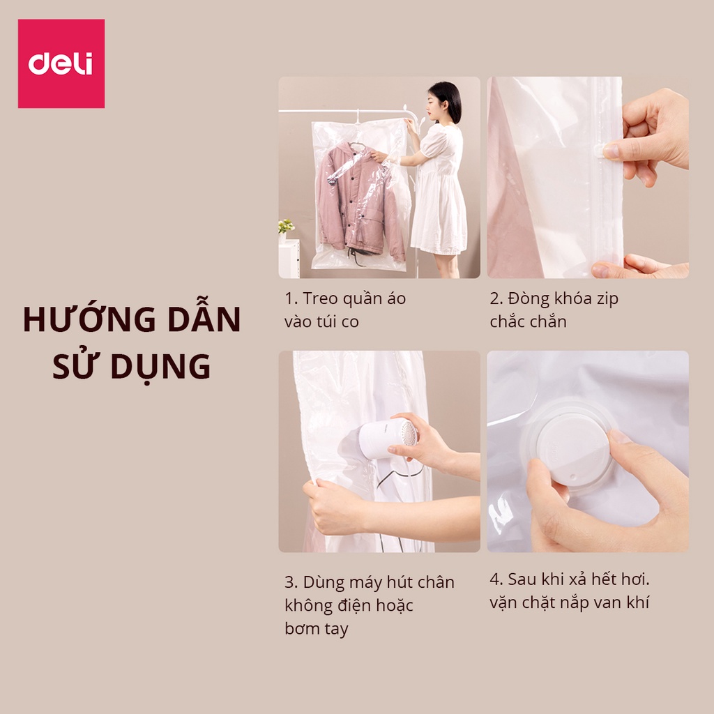 Túi Hút Chân Không quần áo Có Móc Treo Deli Đựng Quần Áo Bảo Quản Quần Áo,Áo Dạ,Áo Vét chống nấm mốc, bụi bẩn