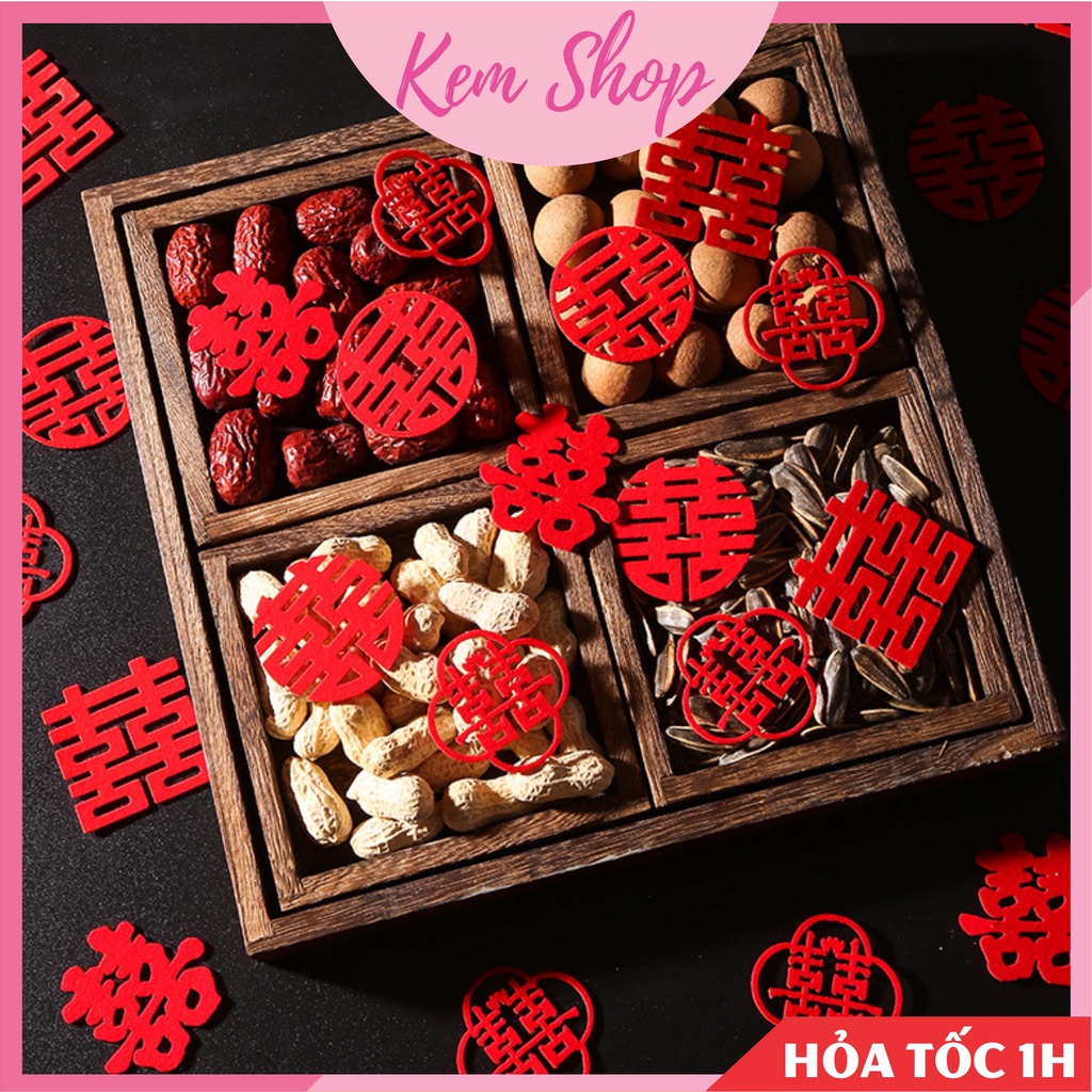 Set chữ hỷ đám cưới vải nỉ size nhỏ 5-10cm trang trí đĩa bánh kẹo cưới, rắc giường cưới - Kem Shop K248
