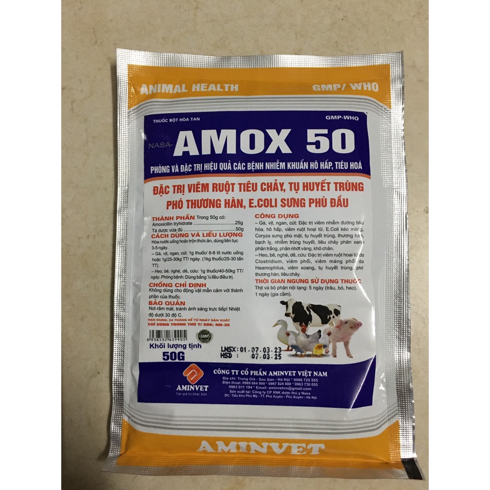 Amox 50 aminvet (50gam) viêm ruột, tiêu chảy, tụ huyết trùng gia súc