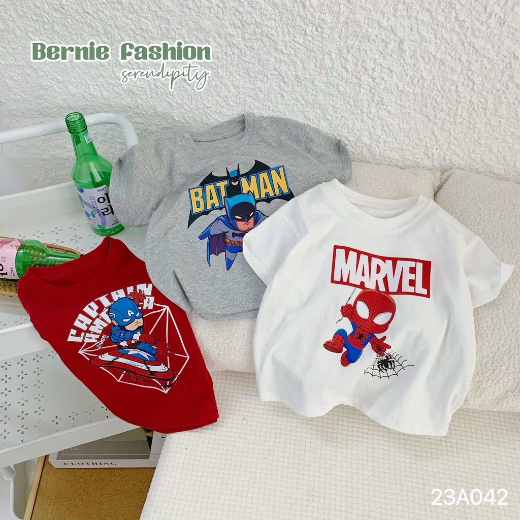 Áo phông cotton hình siêu nhân cho bé trai, áo thun bé trai basic Bernie