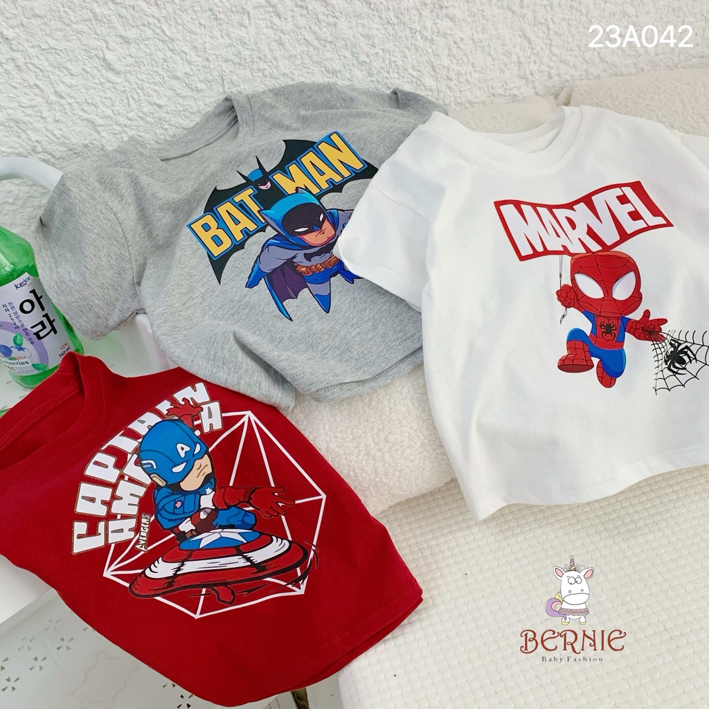 Áo phông cotton hình siêu nhân cho bé trai, áo thun bé trai basic Bernie