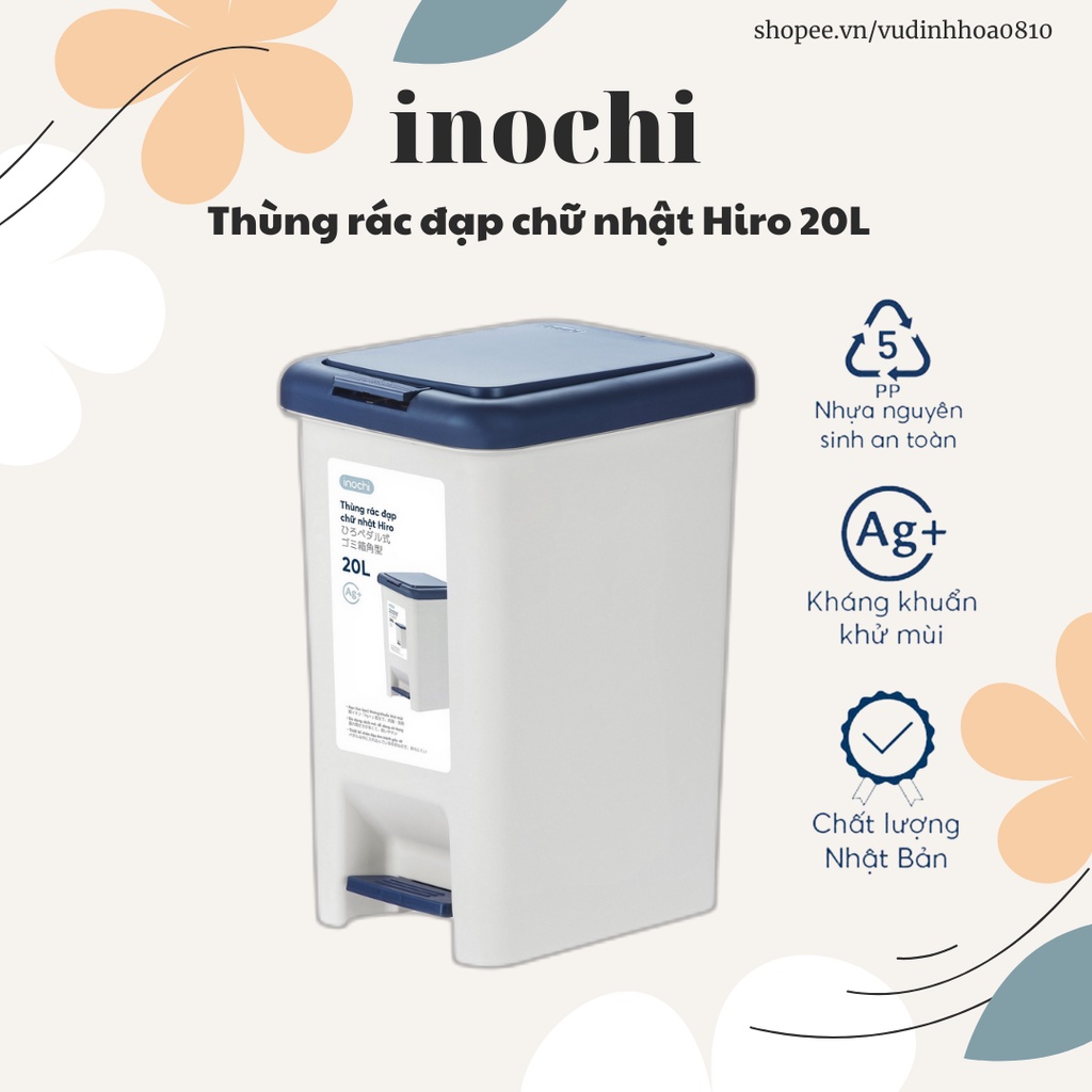 Thùng rác đạp chữ nhật Inochi Hiro 20L - được tráng bạc (Ag+) giúp ...