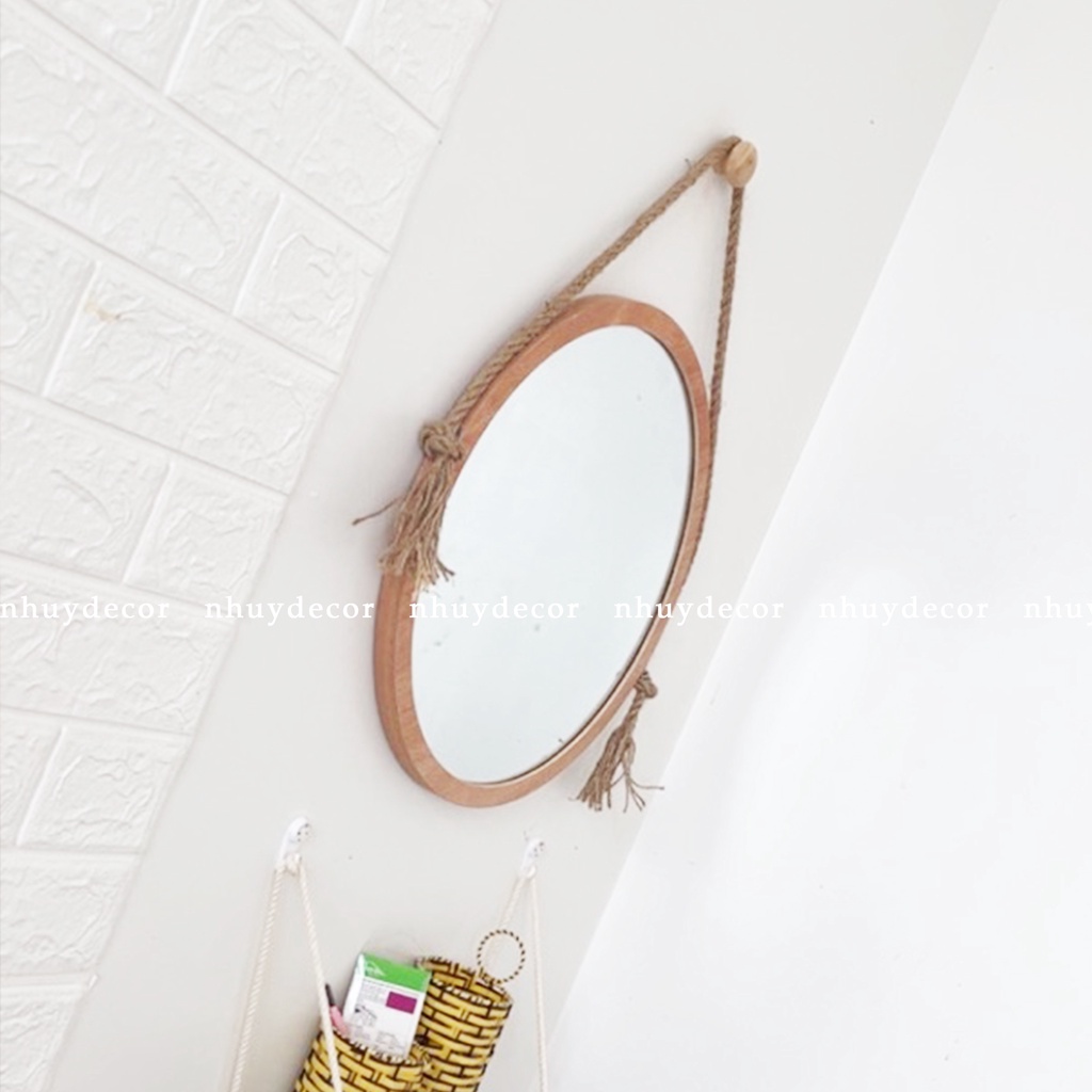 Gương soi nhà tắm tròn viền gỗ treo tường cao cấp D40- Gương tròn decor phòng tắm hoặc phòng ngủ