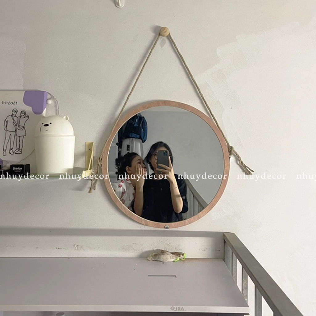 Gương soi nhà tắm tròn viền gỗ treo tường cao cấp D40- Gương tròn decor phòng tắm hoặc phòng ngủ