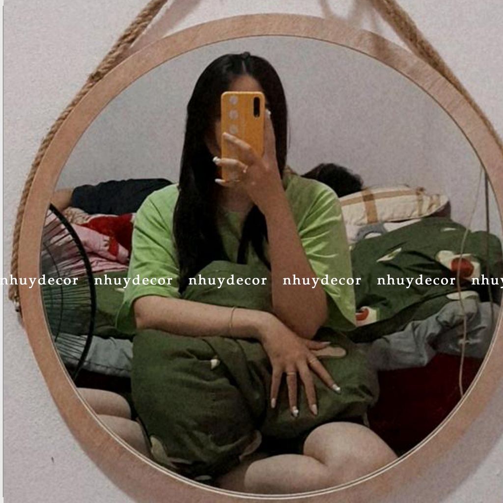 Gương soi nhà tắm tròn viền gỗ treo tường cao cấp D40- Gương tròn decor phòng tắm hoặc phòng ngủ
