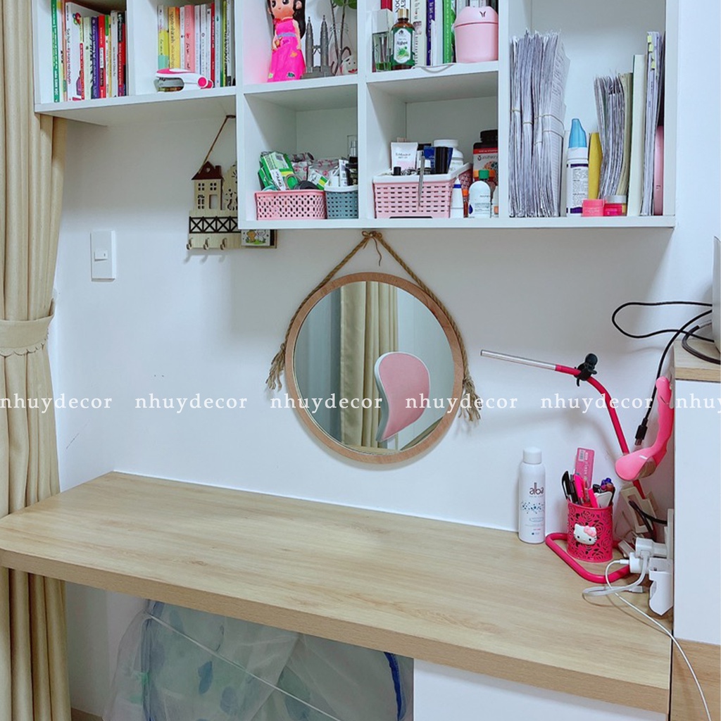 Gương soi nhà tắm tròn viền gỗ treo tường cao cấp D40- Gương tròn decor phòng tắm hoặc phòng ngủ