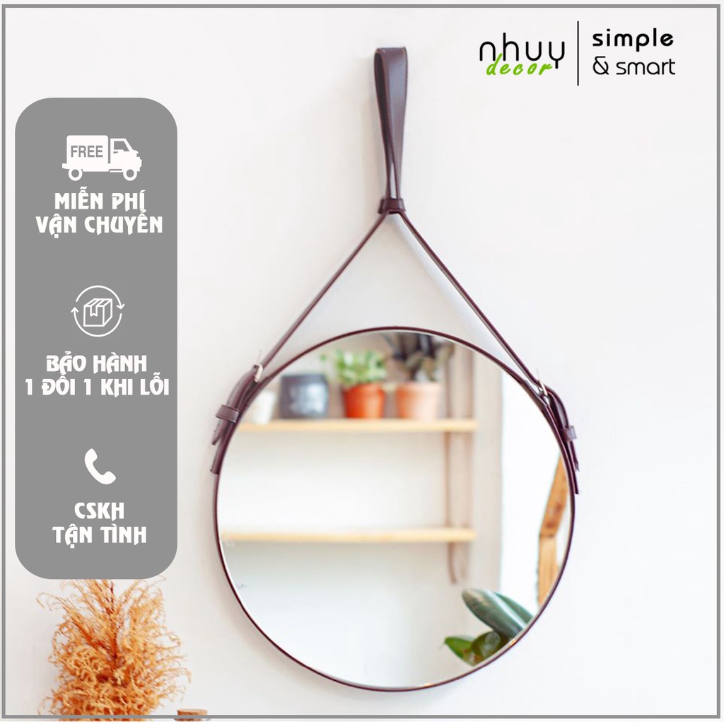 Gương tròn treo tường, gương viền dây da treo trang điểm, kiếng siêu đẹp để trang trí, phòng khách phòng ngủ nhà tắm
