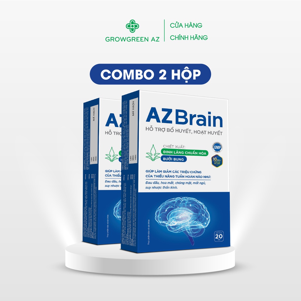 (Bộ 2 Hộp) Viên uống bổ não AZBrain GrowGreenAz hoạt huyết, hết chóng mặt đau đầu, mất ngủ, tăng tuần hoàn máu lên não