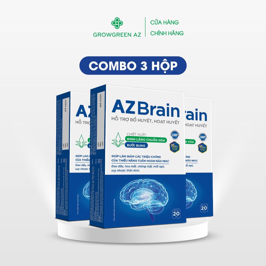 AZBR-Combo 3 Hộp Viên Uống Bổ Não AZBrain GrowGreenAz hết chóng mặt, đau đầu, mất ngủ, tăng sự tập trung( Hộp 20 viên)