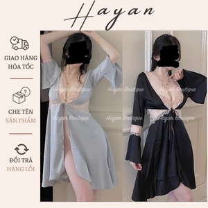 HT246 Áo choàng ngủ lụa sexy tay loe cổ xẻ, áo choàng phối ren quyến rũ HT246