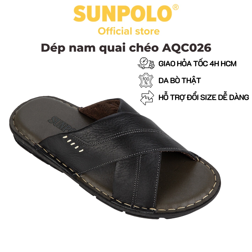 Ảnh Dép Nam Quai Chéo Da Bò SUNPOLO AQC026 Đen Có Big size 44 45 1