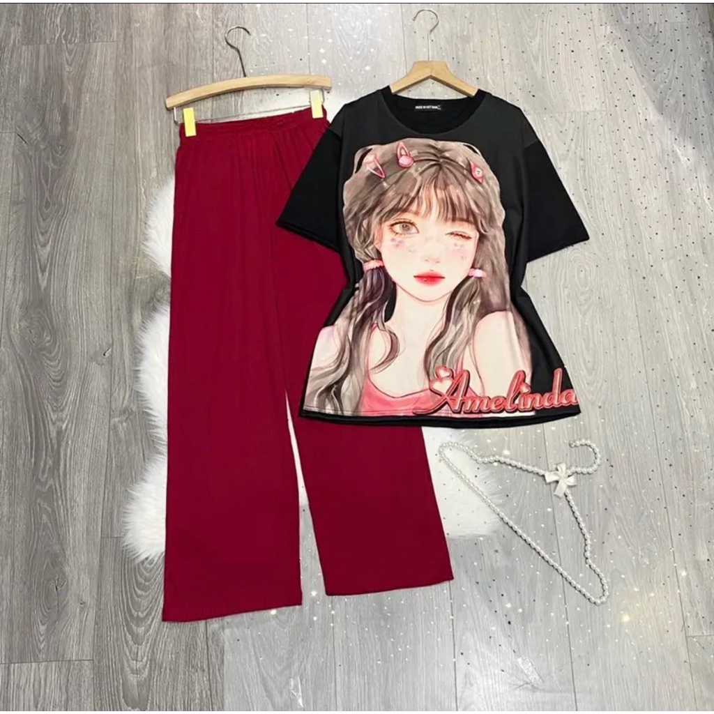 Đồ bộ nữ bigsize quần ống suông rộng thun gân cạp cao quần form rộng ESHOP Đồ mặc nhà đẹp đi chơi dễ thương DB51