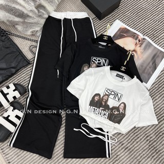 Set Bộ Đồ Nữ Áo Croptop SPIN Dây Buộc Bụng MIx Quần Suông Phối Cạp Freesize