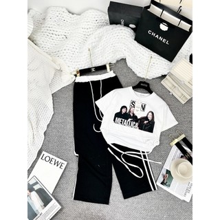Set Bộ Đồ Nữ Áo Croptop SPIN Dây Buộc Bụng MIx Quần Suông Phối Cạp Freesize