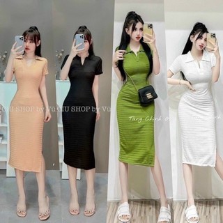Váy Body Thun Gân Cổ Đức Co Dãn 4 Màu, Váy Body Dáng Dài Tay Cộc Có Ảnh Thật Kèm Video