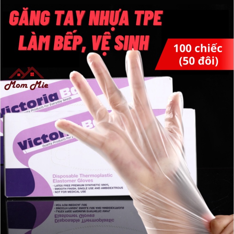 Hộp 100 chiếc găng tay Victoria Bay nấu ăn TPE siêu dai tiện lợi.